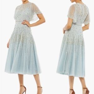 NWOT Mac Duggal Sequin & Crystal Embellished Ruffle Sleeve Midi Dress sz 4